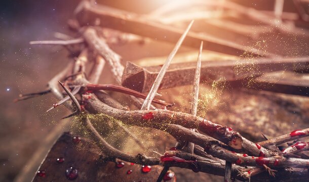 Wooden Crown on wooden cross with metal nails