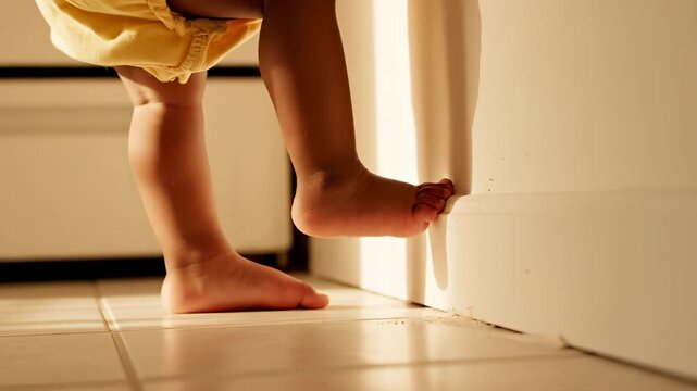 Child performs wall stretch exercise with bare feet on tile floor. Kid stretches calf muscle against wall. Child doing wall stretch at home. Bare feet exercise shows kid stretching leg muscle.