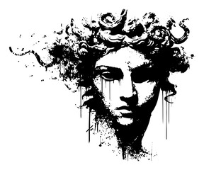Medusa head with snake hair and grunge black ink splatter © Wuszu