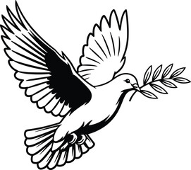 Obraz premium Black and white dove illustration in flight holding olive branch, peace symbol vector art, hope and harmony concept design
