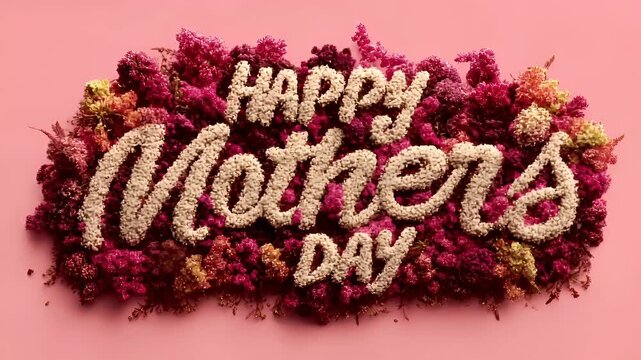 Mothers Day, Valentines Day, love holiday theme. A vibrant display of flowers arranged to spell out the phrase Happy Mothers Day against a soft pink background.