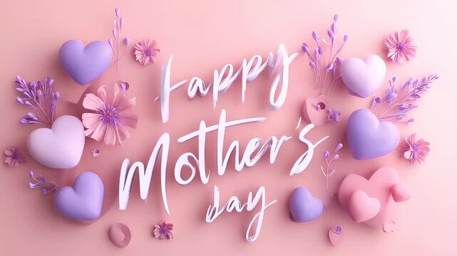 Mothers Day, Valentines Day, love holiday theme. A vibrant pink background with the words Happy Mothers Day surrounded by heartshaped objects and flowers.