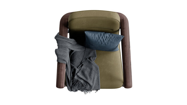 Top view of a contemporary chair with pillow and coverlet on an isolated background. 
