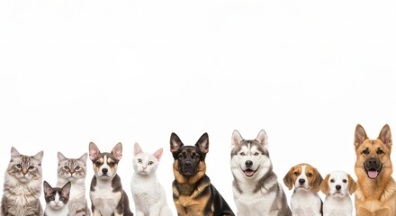 Obraz premium Cute Cat and Dog Breeds Sitting Together on White Background, Diverse Pets in Studio Setting