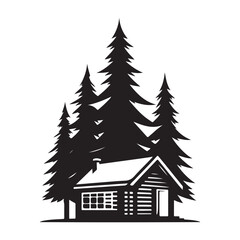Obraz premium cabin and pine tree vector silhouette clip art logo design illustration. abstract cabin pine tree icon collection