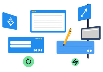 vibrant digital journal concept showcases modern tech elements - screens a pen and a stylized logo Clean blue design evokes future tech and productivity Perfect for digital media and creative projects