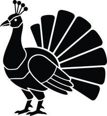 silhouette stylized peacock with fanned tail and crest vector design