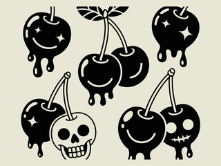 Cool dripping cherry icons with skulls and sparkles, black silhouette tattoo flash, vector art set