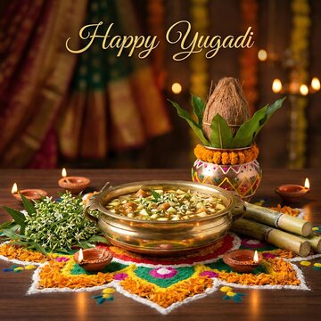 Traditional ugadi celebration with festive decorations and ritual items