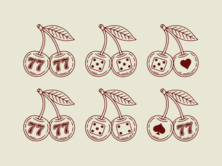 Retro cherry icons with lucky 7s, dice, hearts, and spades, tattoo flash style, line art on cream