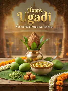 Happy ugadi celebration with traditional indian food and decorations
