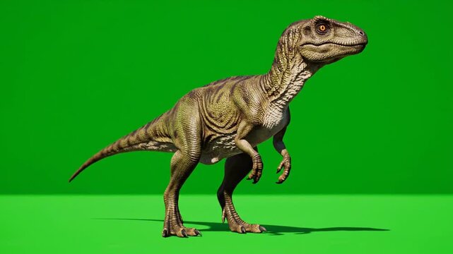 A 3D rendered dinosaur stands on a greenscreen for video production