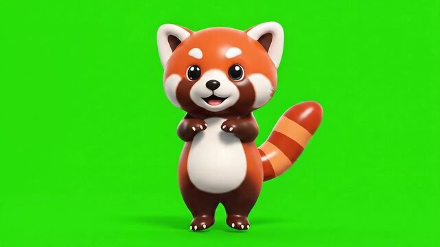 Adorable 3D Rendered Kawaii Red Panda Character With Bushy Ringed Tail Standing Still Against A Bright Chroma Key Green Screen Background With Soft Studio