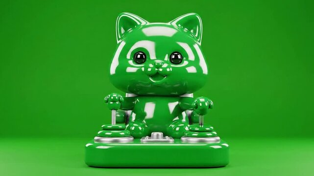 A Shiny Emerald Green 3D Rendered Cartoon Cat Character Sitting on a Silver Base with Multiple Silver Buttons and a Solid Vibrant Green Background Lighting