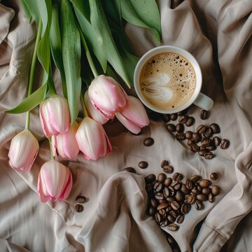 flat lay of a lush pink tulip bouquet, coffee beans, lifestyle photography, pinterest aesthetic