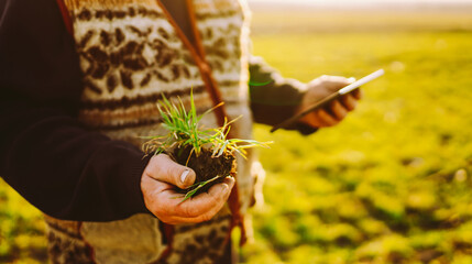 A farmer stands in a field at sunset. He holds a small plant in one hand and a tablet in the other to monitor the crop's growth. Concept of sowing, agriculture. © maxbelchenko