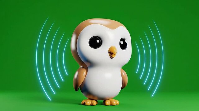 A Cute 3D Rendered Cartoon Owl Character With Large Expressive Eyes and Brown and White Feathers Stands Against a Vibrant Green Screen Background Emitting Blue