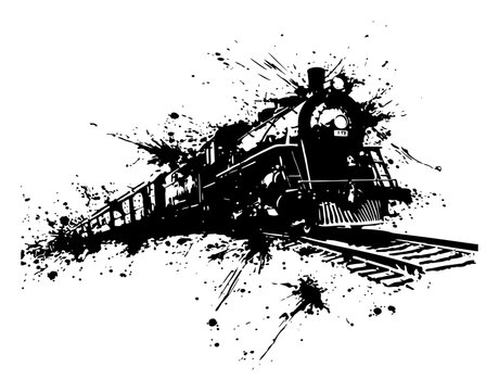 Vintage steam locomotive train engine rushing on railway tracks