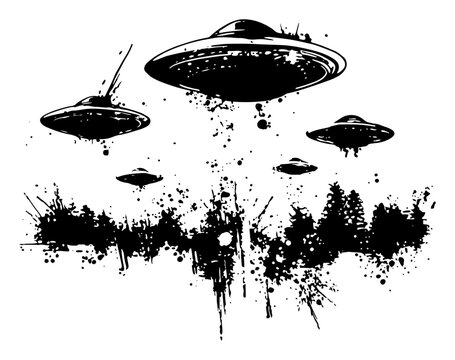 Alien invasion fleet flying over forest in black ink grunge style