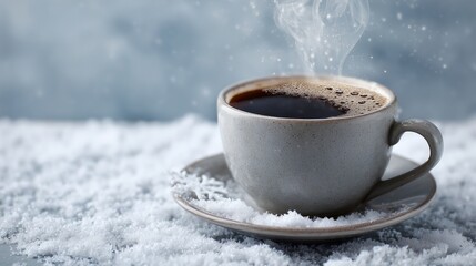 Obraz premium Hot coffee cup on snow, symbolizing warmth, coziness, and winter comfort
