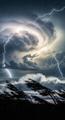 Intense thunderstorm unleashes dramatic lightning strikes over turbulent ocean waves