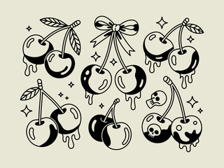 Set of black silhouette cherries with drips, sparkles, skulls, and ribbons, cool tattoo flash art