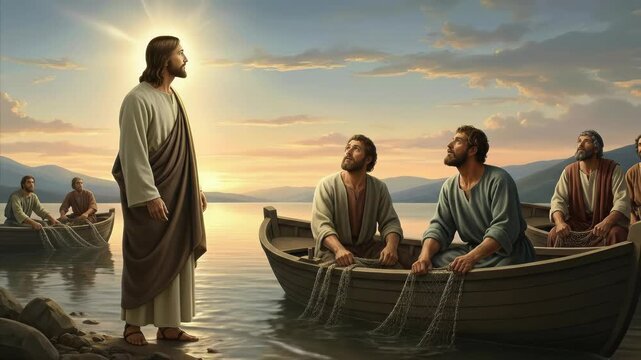 Jesus Christ calls His first devoted fishermen disciples from their nets, inspiring them to follow, serve, and proclaim the glorious Kingdom of God with faith and purpose