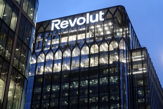 View of the exterior of the Revolut global headquarters building in Canary Wharf, London