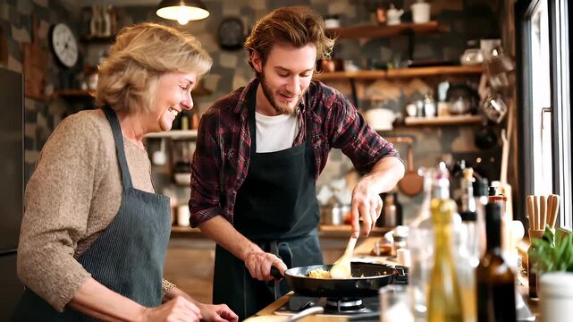 Mothers Day, Valentines Day, love holiday theme. A man and woman in aprons cooking food together in a kitchen. The man, wearing a red and black shirt, and the woman, wearing an apron.