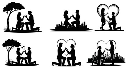 Fototapeta premium A series of silhouettes depict a romantic progression a proposal engagement and a loving couple high quality professional detailed
