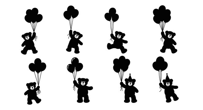 A repeating pattern showcases silhouetted teddy bears holding balloons and being lifted by balloons creating a playful design