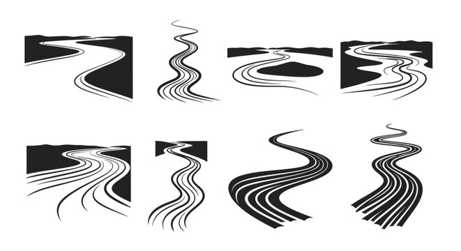 Abstract black and white illustration depicting various winding river or stream shapes in a graphic design high quality professional