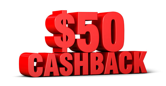 Bold red 3d $50 cashback text isolated on transparent background. 3d illustration.