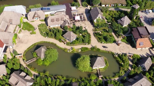 Aerial view of pond village landscape
