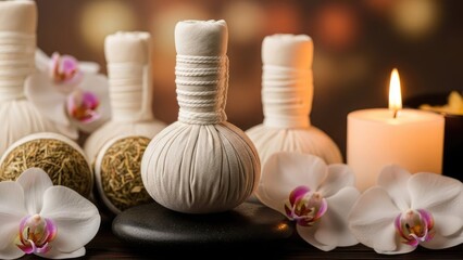 Obraz premium A serene spa setup with herbal poultices and candles for relaxation