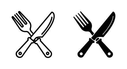 Crossed Fork and Knife Cutlery Icons, Symbolizing Restaurant or Dining, in Outline and Solid Vector Designs for Eateries