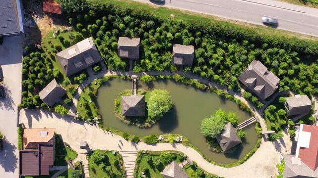 Aerial view of circular pond complex