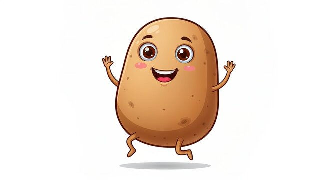 Joyful and Playful Cartoon Potato Character Jumping with Excitement Against a Clean White Background