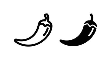 Spicy Chili Pepper Icon Set: Outline and Solid Black Flat Vector Design for Food, Cooking, Mexican Cuisine, and Heat Themes