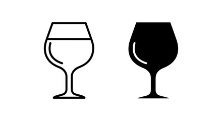 Elegant Wine Glass Icon Set: Outline and Solid Black Flat Vector Design for Restaurant Menus, Bar Services, or Beverage Apps