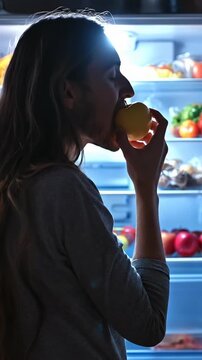 Late night hunger drives individual to open refrigerator, seeking healthy apple, a midnight snack choice reflecting conscious diet