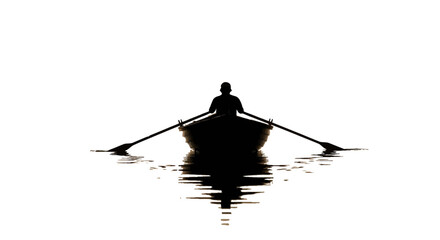A stark silhouette of a lone rower in a small boat perfectly mirrored on calm dark water high quality © Hridoy