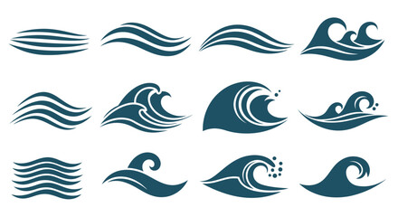 A collection of stylized dark teal wave shapes arranged in a grid depicting ocean currents and movement high quality