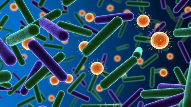 Colorful microscopic view of bacteria and microorganisms in a vibrant environment. Represents the complexity and diversity of microbial life in science and health research