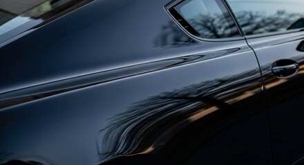 Obraz premium Sleek Black Coupe Captivating Reflections and Automotive Elegance in CloseUp.