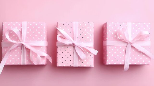 Birthday celebration theme for party event. Three pink gift boxes adorned with white ribbons and bows, set against a vibrant pink background.
