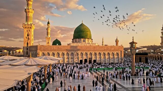 The AlMasjid anNabawi mosque complex in Medina Saudi Arabia with a large crowd present