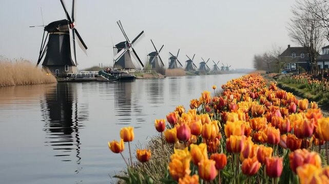 A vibrant row of tulips in various colors, showcasing their petals and green stems against a blurred background.