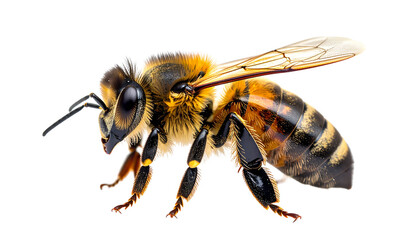 Detailed macro photography of a single honeybee with vibrant yellow and black stripes, showcasing its intricate wings, legs, and furry body. Studio shot isolated on a transparent background.