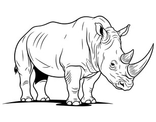 Obraz premium A classic line drawing of a rhinoceros standing in profile view with detailed horns.